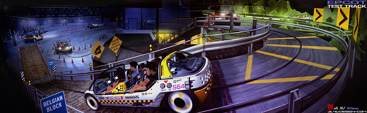 Disney Concept Art - Epcot Test Track Hill Climb, Variable Road Surface, and Brake Test Area Overview
